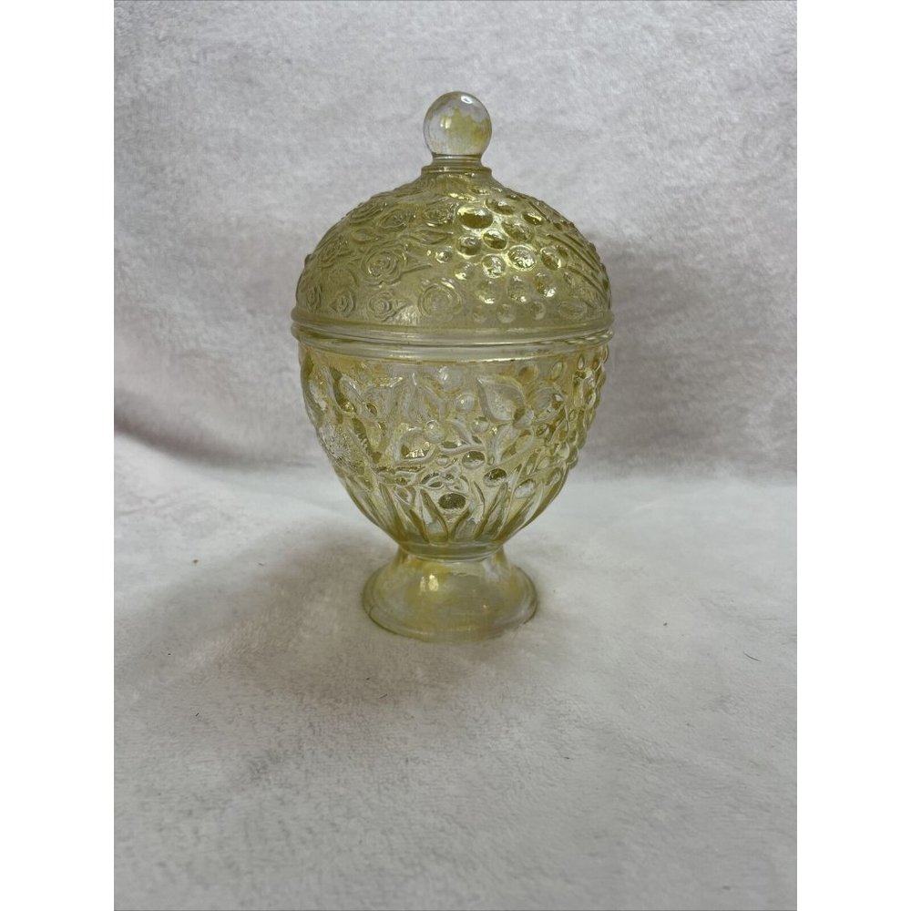 Vintage 1960's AVON Yellow Glass Compote Egg Shaped Floral Lidded Candy Dish